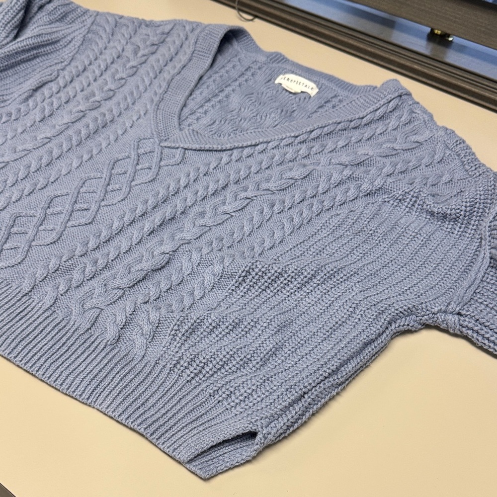 Aeropostale Blue V-Neck Cable Knit Cropped Sweater size XL - Picture 3 of 5